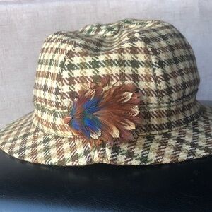Harrods Checkered Hat with Feather Detail